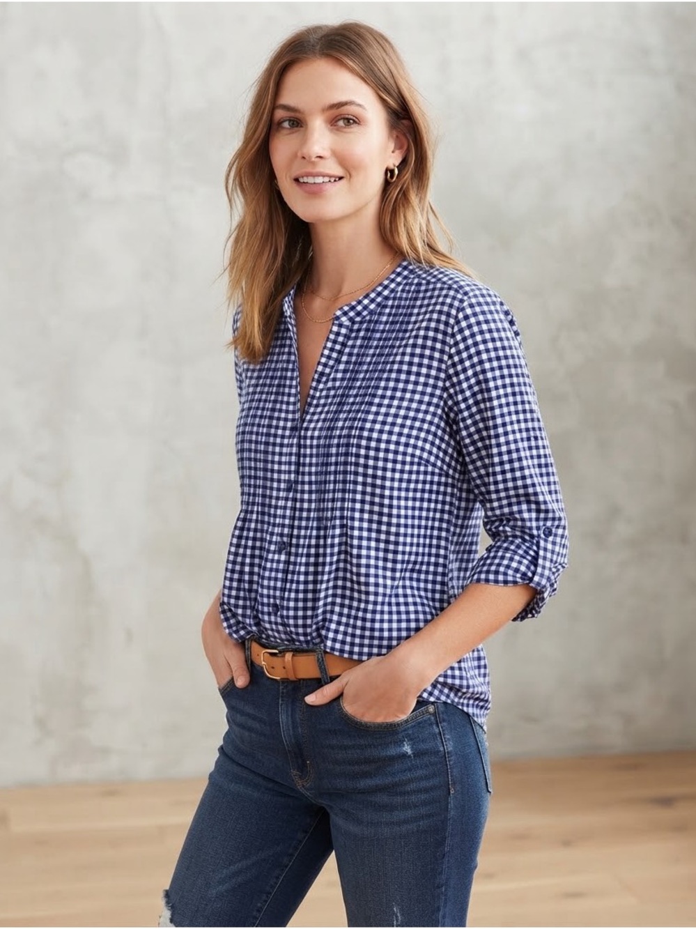 Notations Blue White Gingham Check Roll-Tab Sleeve V-Neck Blouse Top Size S
